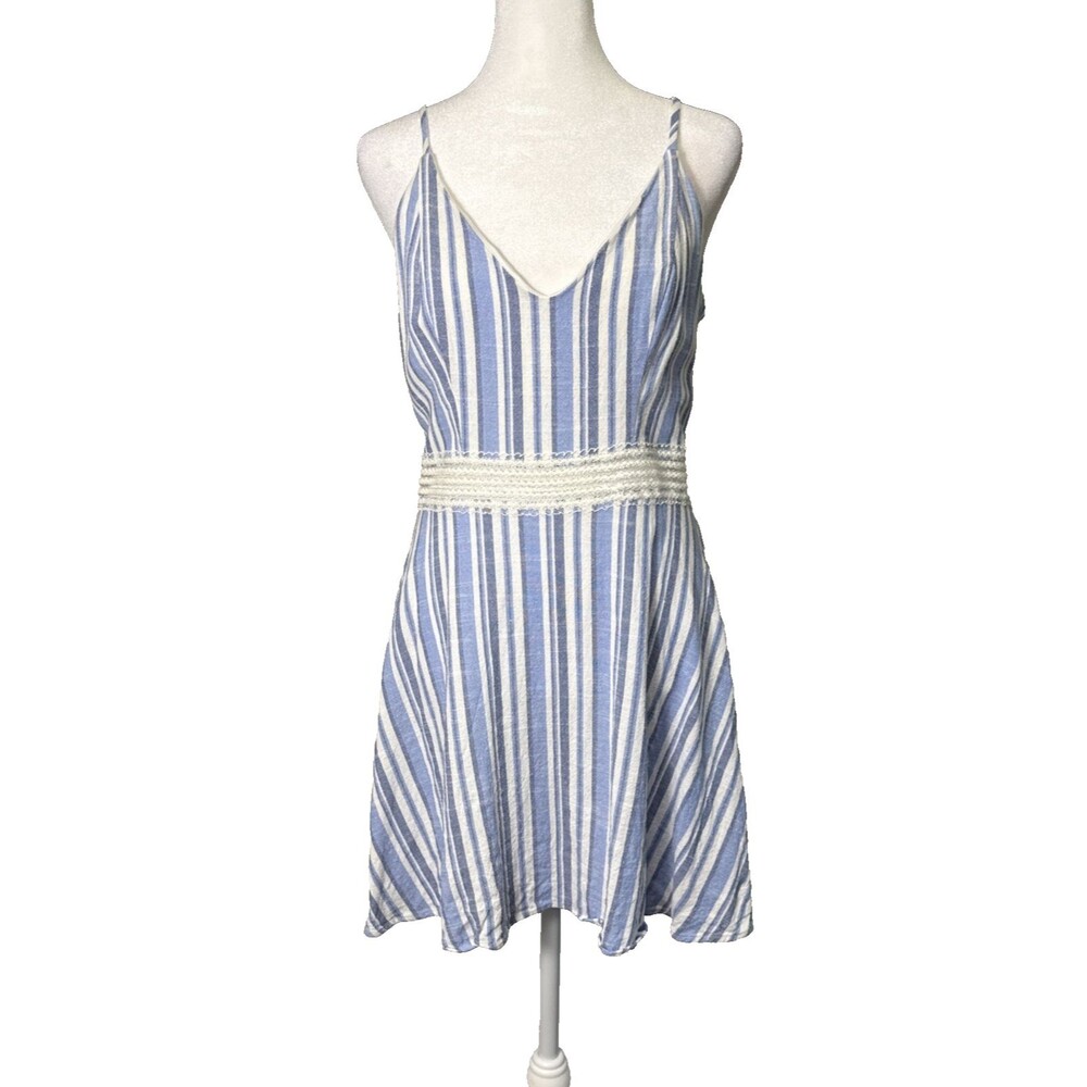 Speechless Linen Blend Blue/White Stripe Mini Dress XL Lace Waist Detail Coastal